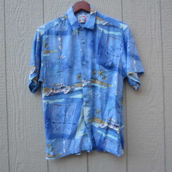 VTG Jams‎ World Shirts Mens Small Blue Sea Hawaiian Catamaran Print island Life - Picture 2 of 13